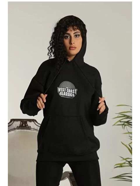 Jane's Unisex Sırt Baskılı Kapüşonlu Üç İplik Oversize Sweatshirt - Siyah