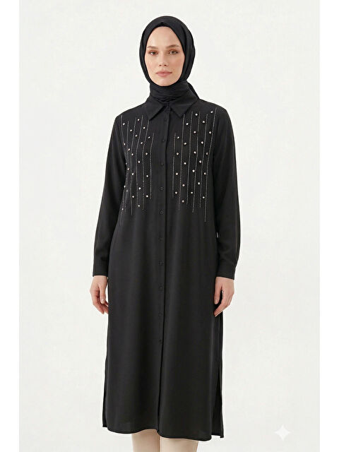 Remsa Levidor Önü Çizgili Taşlı Tunik Gömlek 210144 Siyah