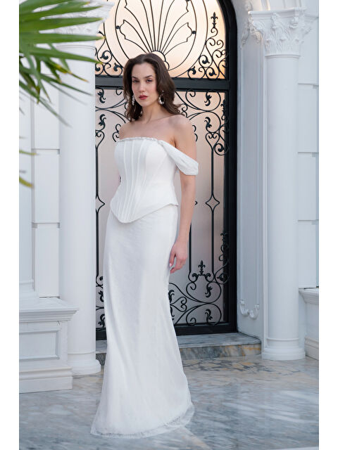 Lafaba Kadın Beyaz Kayık Yaka Taşlı Uzun Dantel Abiye Elbise - S000531381-20063