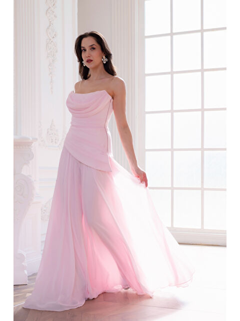 Lafaba Kadın Pudra Dar Kalıp Korseli Şifon Fular Detaylı Uzun Abiye Elbise - S000531383-7152