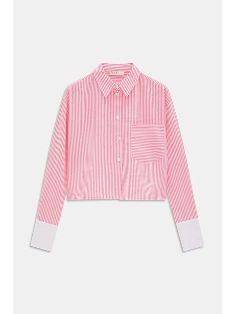 Saade Pembe Kadın Çizgili Relax Fit Tek Cep Dokuma Crop Gömlek - Manşeti Beyaz