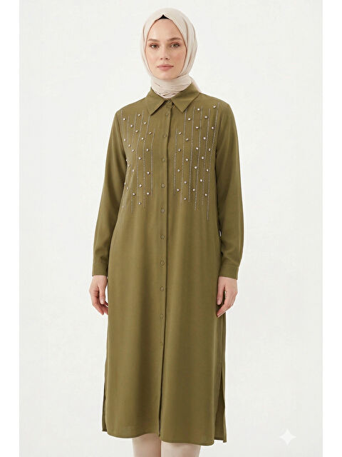 Remsa Önü Çizgili Taşlı Tunik Gömlek 210144 Haki