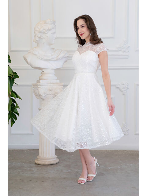 Lafaba Kadın Beyaz Kısa Kollu Payetli Midi Kloş Söz Nişan Nikah Abiye Elbise - S000531384-20063
