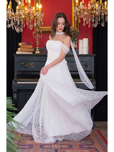 Lafaba Kadın Beyaz Kayık Yaka Şal Yaka Dantel Detay Uzun Abiye Elbise - S000531385-20063