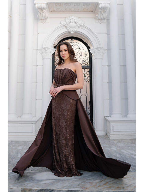 Lafaba Kadın Kahverengi Straplez Yaka Dantel Detay Uzun Abiye Elbise - S000506658-19413