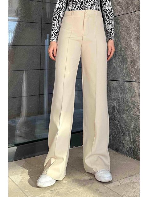 Lamelif Çımalı Bol Paça Pantolon Krem - S000518015-19966