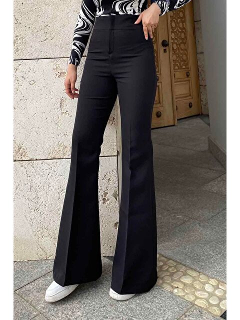 Lamelif Yüksek Bel İspanyol Paça Gizli Cep Pantolon Siyah - S000518029-19351