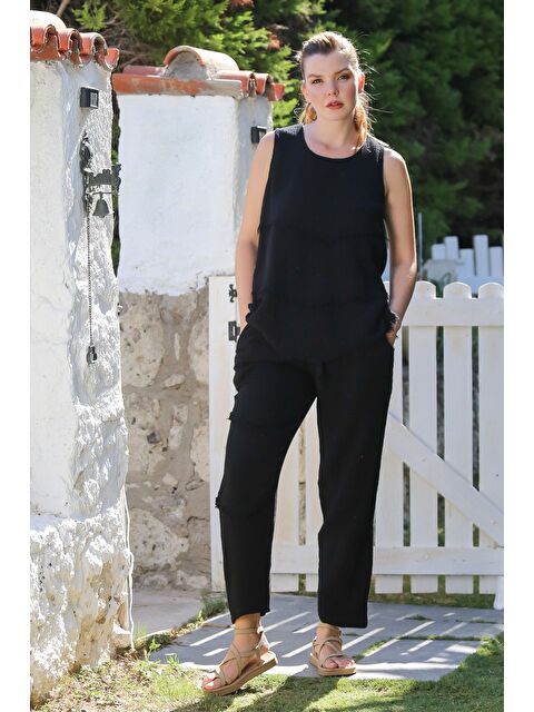 Chiccy Siyah Yuvarlak Yaka Kolsuz Cepli Pis Dikişli Lastikli Bel Dar Paça Müslin Dokuma Takım 65-100 55-63 - S000468822-19351