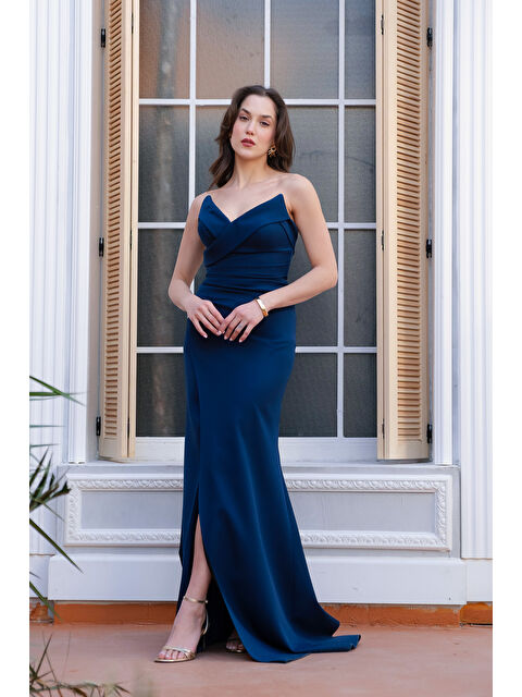 Lafaba Kadın Lacivert Kedi Kulağı Pileli Uzun Abiye Elbise - S000531387-21164