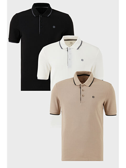 Buratti Pamuklu Slim Fit Şerit Detaylı Düğmeli Polo Yaka 3'lü Paket %100 Pamuk Tişört 5902118S3 - S000387096-37246