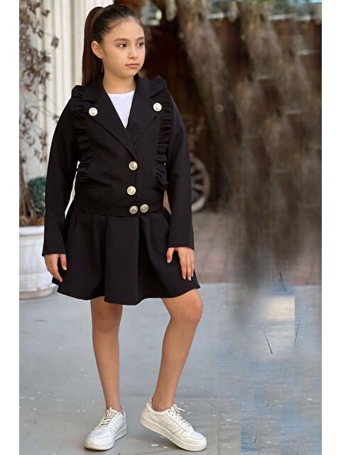 Riccotarz Kız Çocuk Gümüş Düğme ve Fırfır Detaylı Siyah Ceket Etekli Takım - S000138077-19351