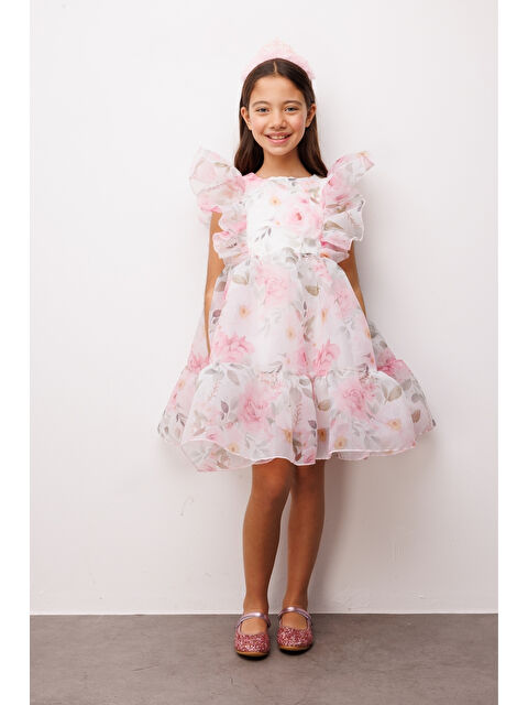 Le Mabelle Pembe Çiçek Desenli Organze Kız Çocuk Elbise - Uliana