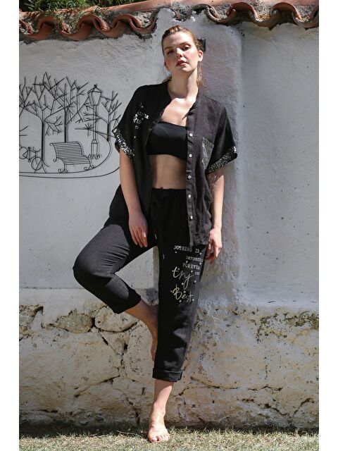 Chiccy İtalyan Siyah Hakim Yaka Düşük Kol Düğmeli Cepli Pul Payet Varaklı Keten Dokuma Takım 70-100 65-65 - S000468930-19351