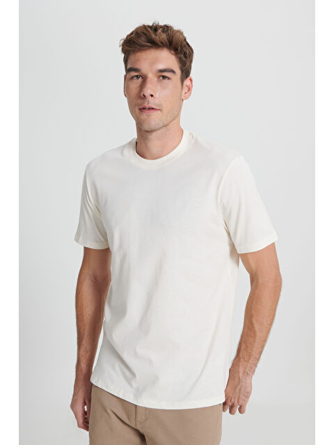 AC&Co / Altınyıldız Classics Erkek Ekru Rahat Kesim %100 Pamuk Bisiklet Yaka Tişört - S000512357-19965