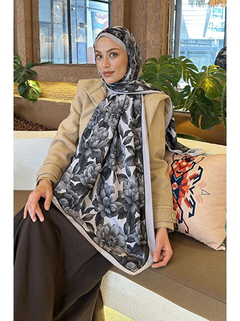 Lamelif Lotus Desen Bambu Şal Gri - S000529574-20600