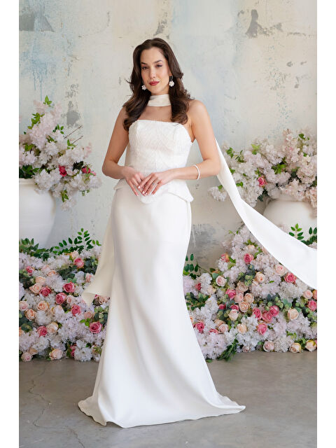 Lafaba Kadın Beyaz Dar Kalıp Straplez Taşlı Uzun Balık Abiye - S000506623-20063