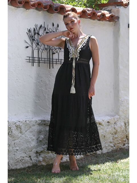 Chiccy İtalyan Siyah V Yaka Kolsuz Astarlı Dantelli Püskül Detaylı Dokuma Elbise 140 53 - S000468931-19351