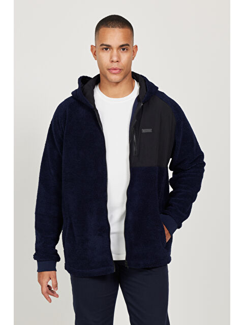 AC&Co / Altınyıldız Classics Lacivert Oversize Bol Kesim Kapüşonlu Erkek Polar Fermuarlı Sweatshirt Hırka