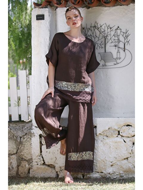Chiccy İtalyan Kahverengi Havuz Yaka Düşük Kol Cepli Pul Payet Dantelli Keten Dokuma Takım 73-100 70-68 - S000468928-19413