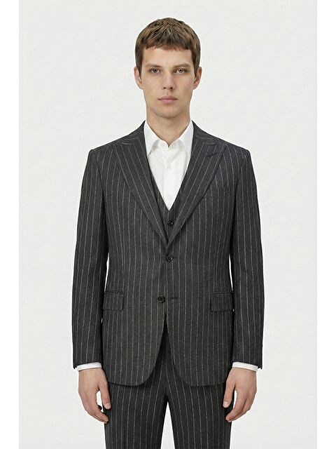 Sabri Özel Giotelli Antrasit Slim Fit Çizgili Mono Yaka Yelekli 6 Drop Tam Astarlı Erkek Takım Elbise - S000524090-29666