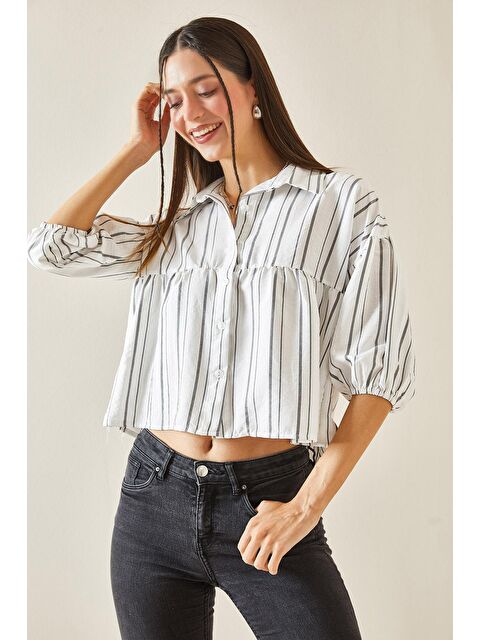 Xhan Beyaz Çizgili Balon Kol Crop Gömlek 5YXK2-48403-01 - S000176170-20063