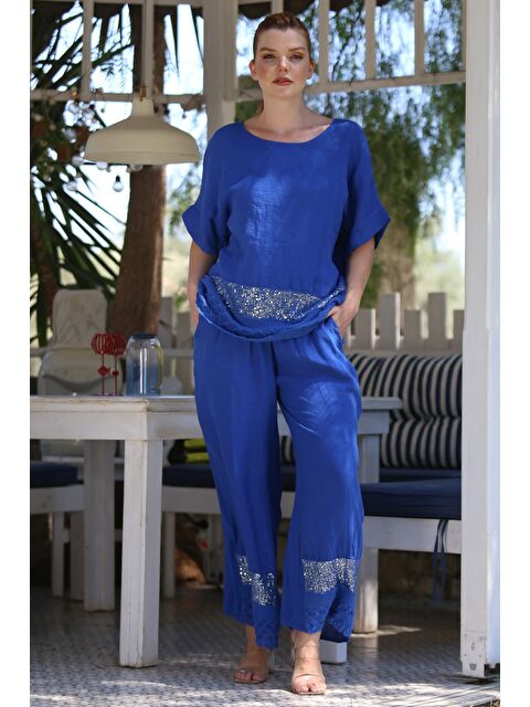 Chiccy İtalyan Saks Mavisi Havuz Yaka Düşük Kol Cepli Pul Payet Dantelli Keten Dokuma Takım 73-100 70-68 - S000468928-23710