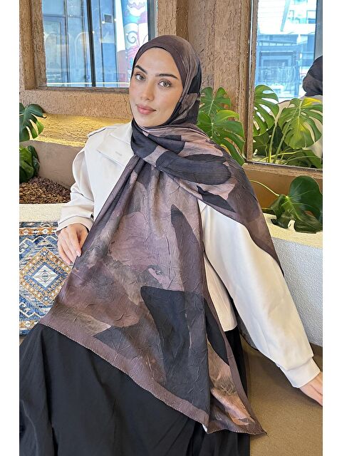 Lamelif Yaprak Desen Bambu Şal Kahverengi - S000529578-19413