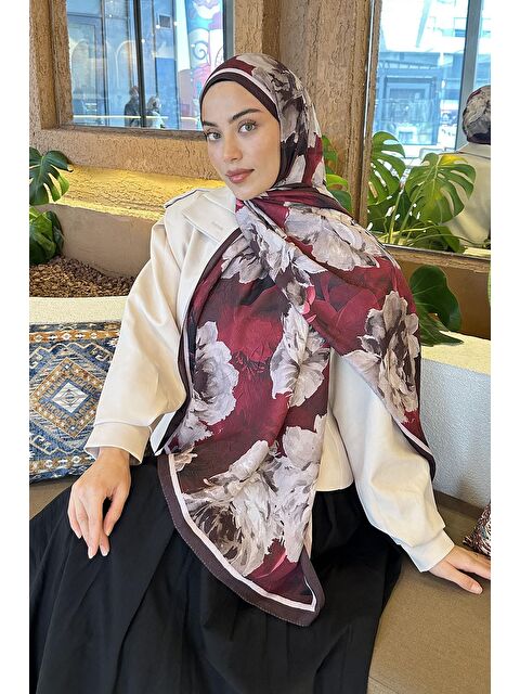 Lamelif Flower Desen Bambu Şal Bordo - S000529580-19951
