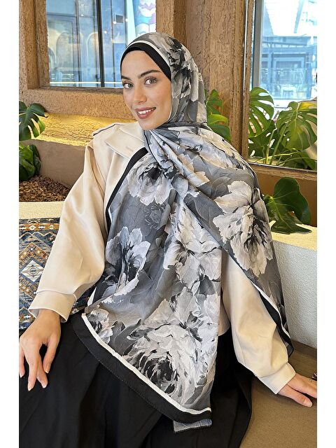 Lamelif Flower Desen Bambu Şal Siyah - S000529580-19351