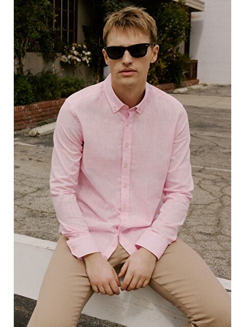 AC&Co / Altınyıldız Classics Erkek Pembe %100 Pamuk Oxford Slim Fit Dar Kesim Düğmeli Yaka Flamlı Gömlek - S000394285-20024