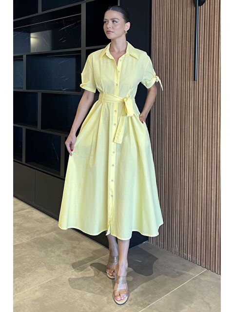 Gülseli Düğmeli Ve Pileli Kısa Kol Uzun Elbise - S000402233-20072