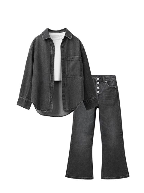 Magu Kız Çocuk Pamuklu Antrasit Gömlek T-Shirt Pantolon 3'Lü Takım – Rahat Kesim Günlük Kombin - S000507050-37243