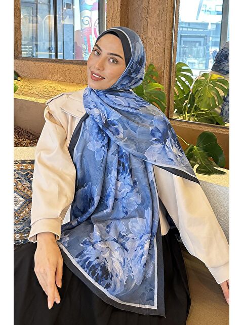 Lamelif Flower Desen Bambu Şal Lacivert - S000529580-21164