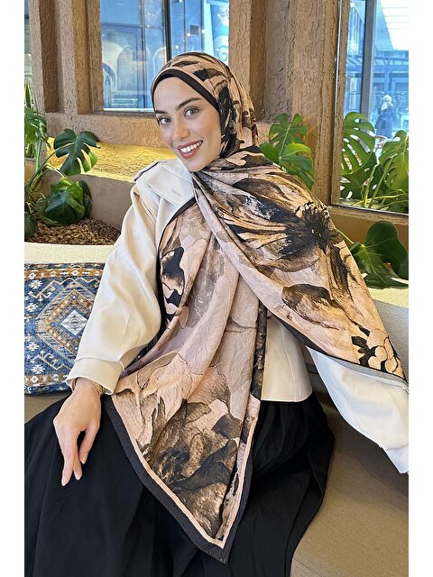 Lamelif Floral Desen Bambu Şal Camel - S000529582-4557
