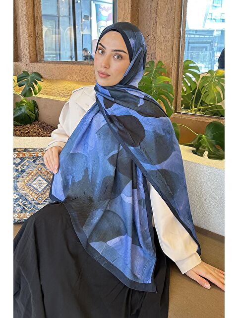 Lamelif Yaprak Desen Bambu Şal Lacivert - S000529578-21164