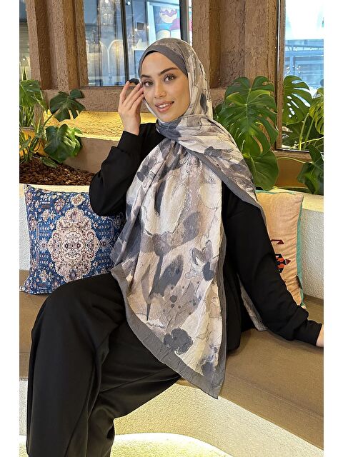 Lamelif Flora Garden Desen Bambu Şal Antrasit - S000529579-29666