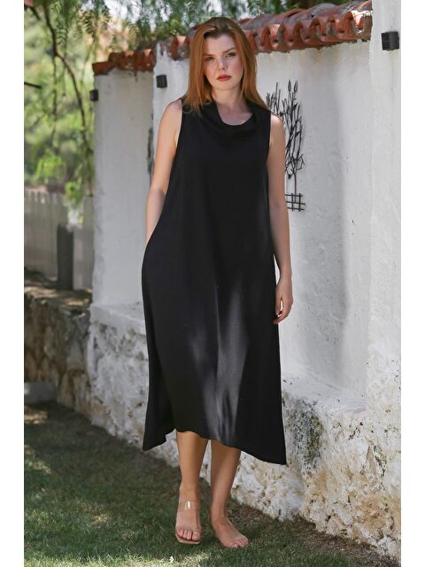 Chiccy Siyah Degaje Yaka Kolsuz Gizli Cepli Yıkamalı Casual Keten Görünümlü Dokuma Elbise 120 55 - S000468938-19351