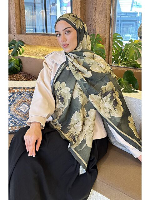 Lamelif Flower Desen Bambu Şal Haki - S000529580-18547