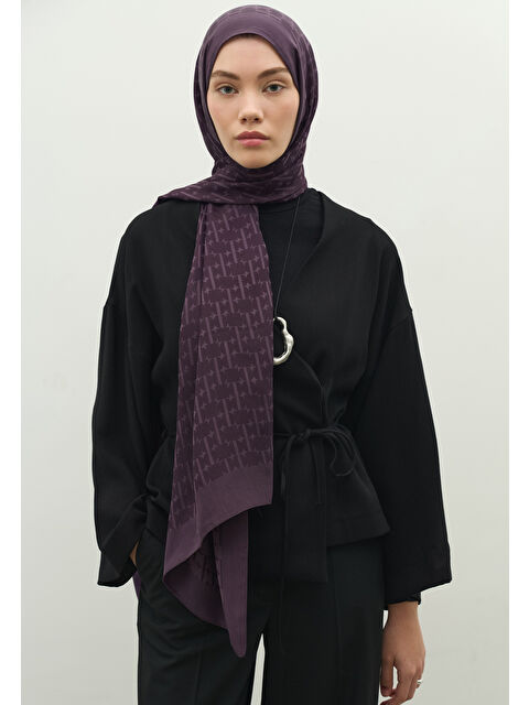 Fresh Scarfs MONOGRAM PAMUK FLOŞ JAKARLI ŞAL PATLICAN MORU - S000483724-20040