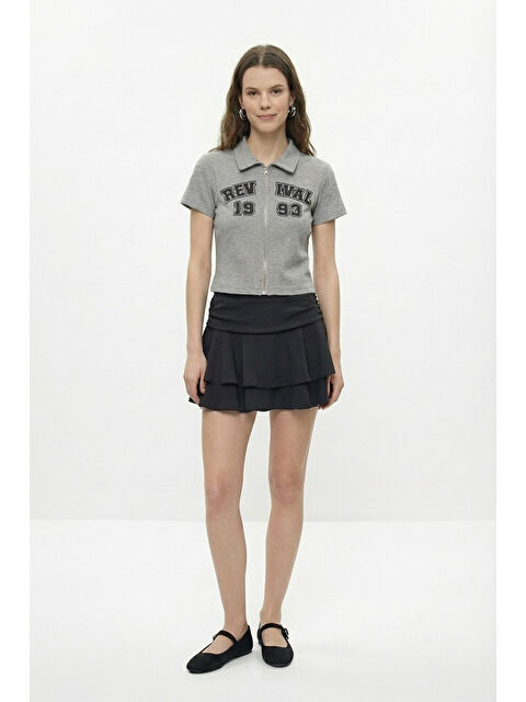 QUZU Fermuarlı Baskılı Polo Yaka Tişört Grimelanj - S000504943-74