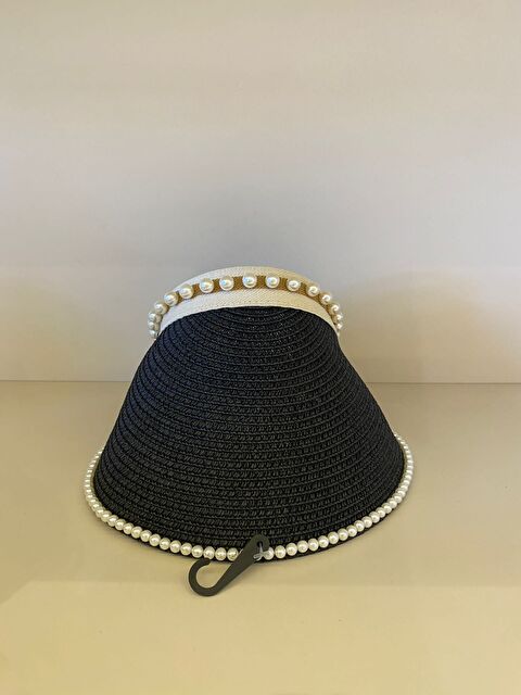 Luminos Butik Siyah İnci Detaylı Hasır Güneş Şapkası İnce Örgü Tasarım Toka Detaylı Aksesuar HSR2088 - S000384072-15542