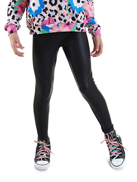 Denokids Kız Çocuk Deri Görünümlü Siyah Tayt - S000424474-19351