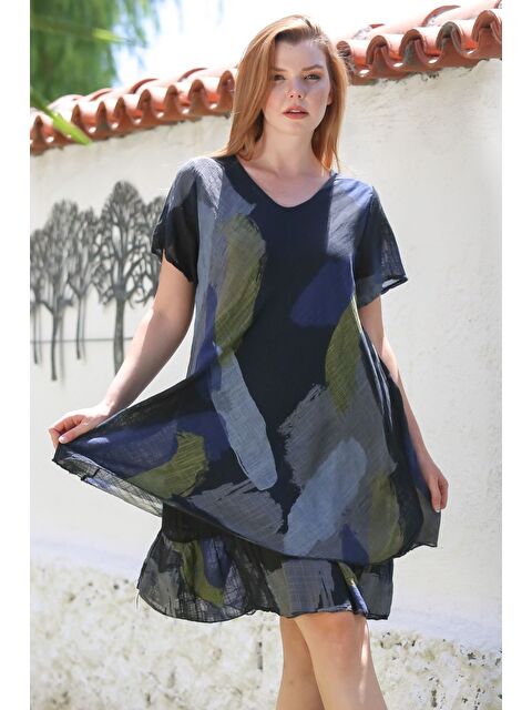 Chiccy İtalyan Siyah V Yaka Kısa Kol Desenli Astarlı Casual Keten Görünümlü Dokuma Elbise 96 64 - S000468940-19351