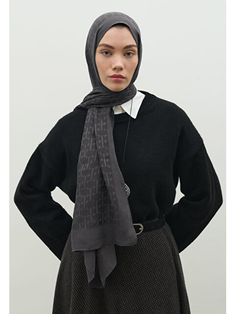 Fresh Scarfs MONOGRAM PAMUK FLOŞ JAKARLI ŞAL FÜME - S000483724-33408