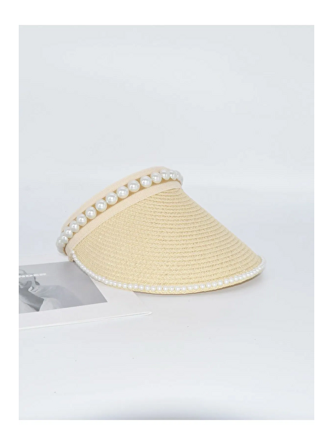 Luminos Butik Bej İnci Detaylı Hasır Güneş Şapkası İnce Örgü Tasarım Toka Detaylı Aksesuar HSR2088 - S000384072-19928