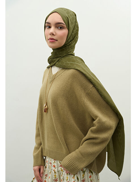 Fresh Scarfs MONOGRAM PAMUK FLOŞ JAKARLI ŞAL ZEYTİN YEŞİLİ - S000483724-17346