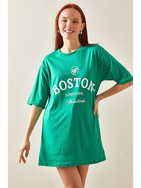 Xhan Yeşil Bisiklet Yaka Yazılı Oversize Tişört 5YXK1-48209-08 - S000159180-18194