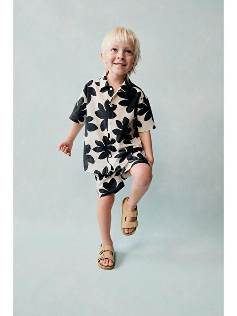 Magu Erkek Çocuk Pamuklu Bej Siyah Desenli Gömlek Ve Şort Takım - S000507051-23173