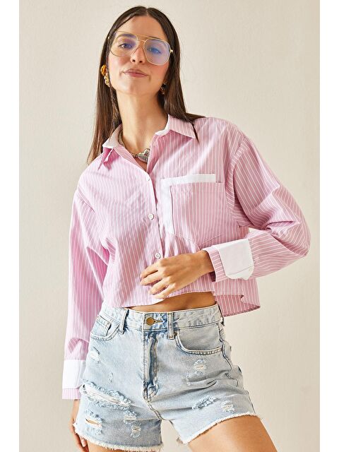 Xhan Pembe Çizgili Çift Cepli Crop Gömlek 5YXK2-48402-20 - S000176181-20024