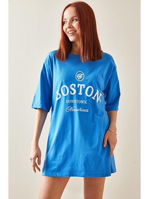 Xhan Mavi Bisiklet Yaka Yazılı Oversize Tişört 5YXK1-48209-12 - S000159180-17234